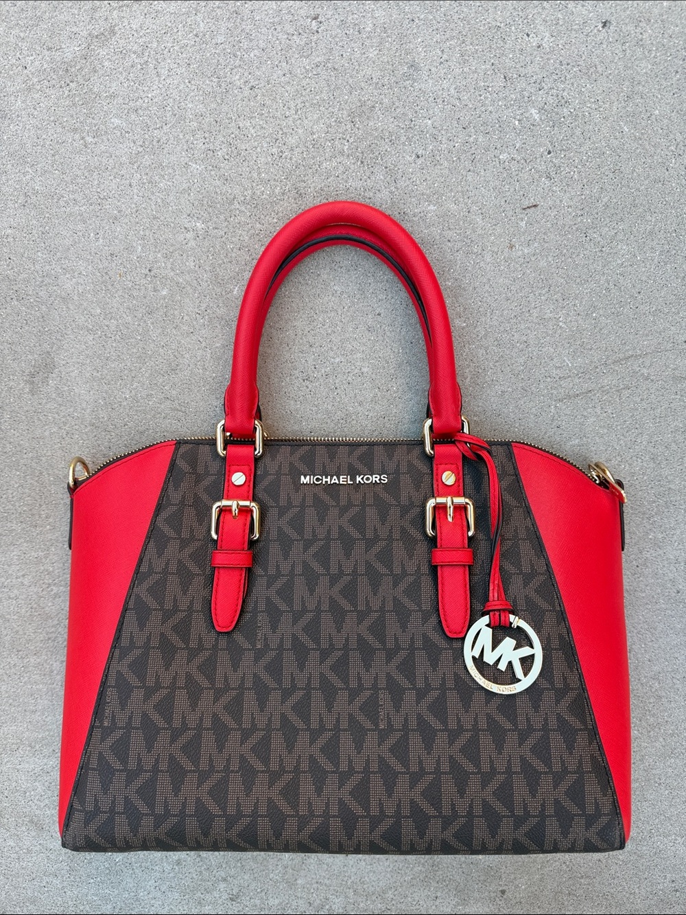 NWT Michael Kors Ciara Top Zip Red and Brown MK Signature Dome Satchel